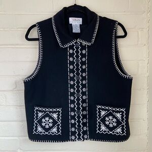 Talbots Black White Embroidered Contrast Blanket Stitch Wool Vest (Petite M)